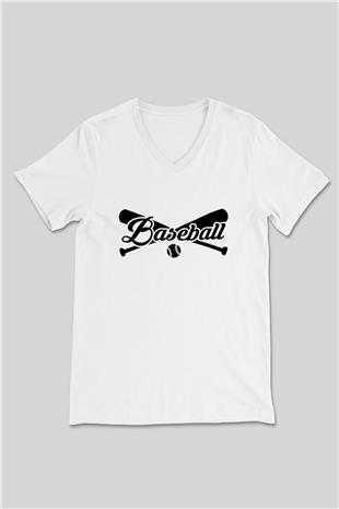 Beyzbol Baskılı Unisex V Yaka Tişört - Tshirt