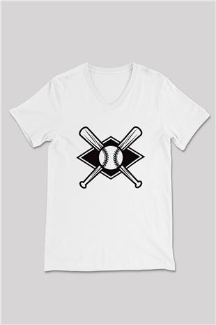Beyzbol Baskılı Unisex V Yaka Tişört - Tshirt