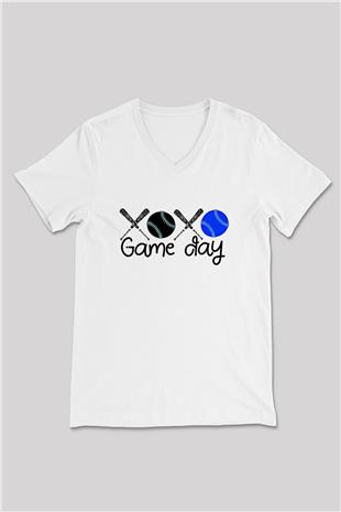 Beyzbol Baskılı Unisex V Yaka Tişört - Tshirt