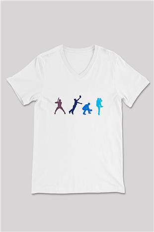 Beyzbol Baskılı Unisex V Yaka Tişört - Tshirt