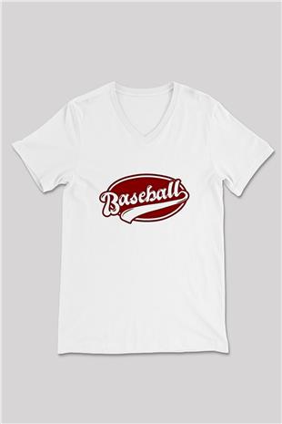 Beyzbol Baskılı Unisex V Yaka Tişört - Tshirt