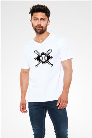 Beyzbol Baskılı Unisex V Yaka Tişört - Tshirt