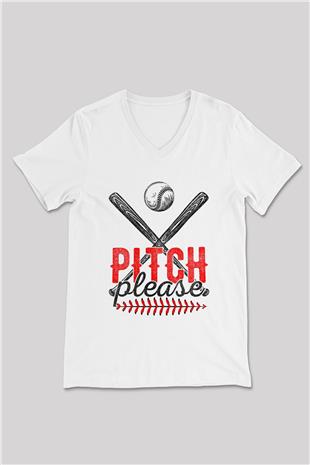 Beyzbol Baskılı Unisex V Yaka Tişört - Tshirt