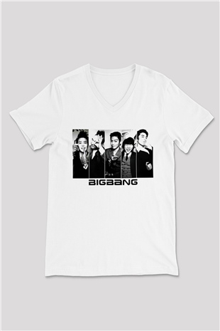 Big Bang K-Pop Beyaz Unisex V Yaka Tişört T-Shirt