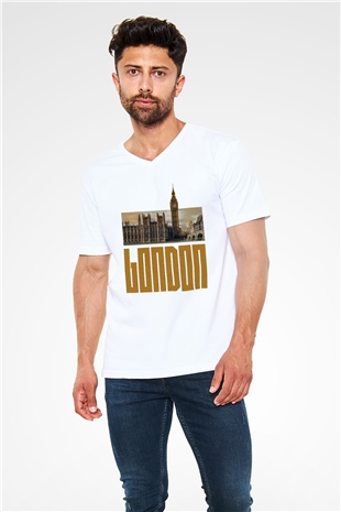 Big Ben Beyaz Unisex V Yaka Tişört