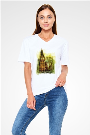 Big Ben Beyaz Unisex V Yaka Tişört