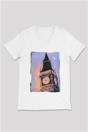 Big Ben Beyaz Unisex V Yaka Tişört