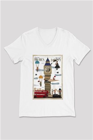Big Ben Beyaz Unisex V Yaka Tişört T-Shirt