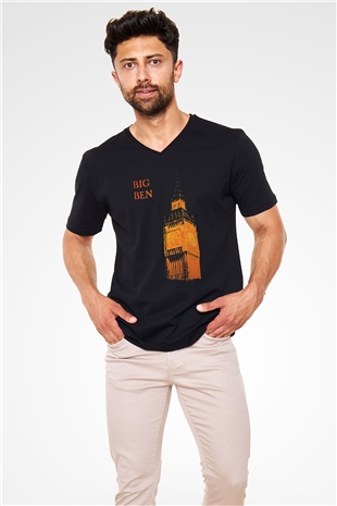 Big Ben Siyah Unisex V Yaka Tişört