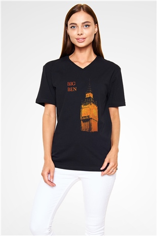 Big Ben Siyah Unisex V Yaka Tişört