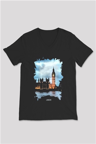 Big Ben Siyah Unisex V Yaka Tişört