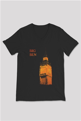 Big Ben Siyah Unisex V Yaka Tişört