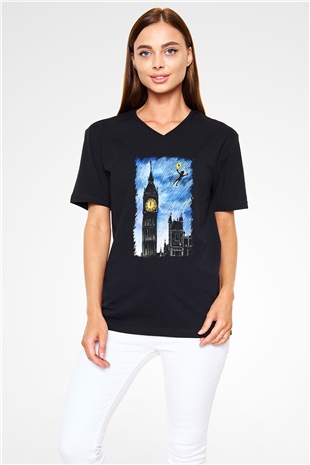 Big Ben Siyah Unisex V Yaka Tişört T-Shirt