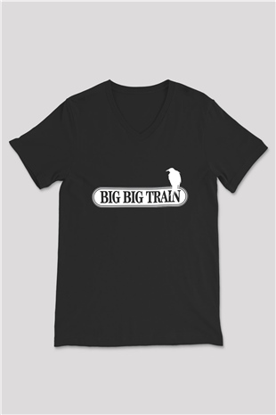 Big Big Train Baskılı Unisex Siyah V Yaka Tişört - Tshirt
