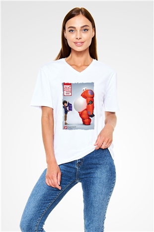 Big Hero Beyaz Unisex V Yaka Tişört