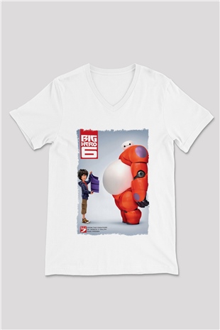 Big Hero Beyaz Unisex V Yaka Tişört
