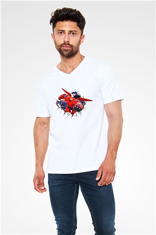 Big Hero Beyaz Unisex V Yaka Tişört T-Shirt
