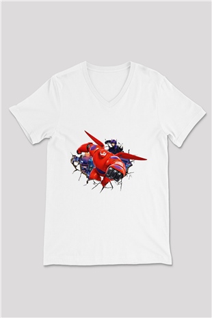 Big Hero Beyaz Unisex V Yaka Tişört T-Shirt