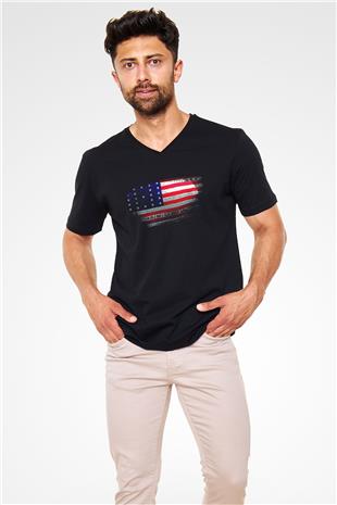 Bikini Atolü - Bikini Atoll Bayrağı Baskılı Unisex Siyah V Yaka Tişört