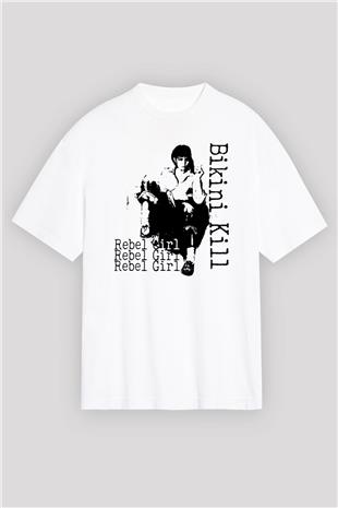 Bikini Kill Baskılı Beyaz Unisex Oversize Tişört - Tshirt