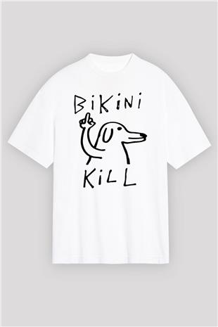 Bikini Kill Baskılı Beyaz Unisex Oversize Tişört - Tshirt