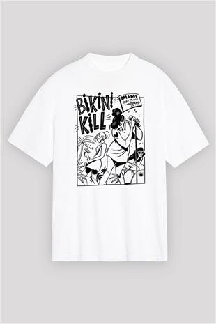 Bikini Kill Baskılı Beyaz Unisex Oversize Tişört - Tshirt