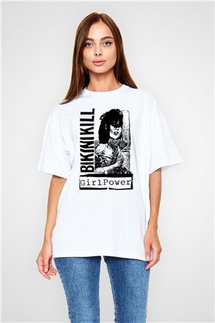 Bikini Kill Baskılı Beyaz Unisex Oversize Tişört - Tshirt
