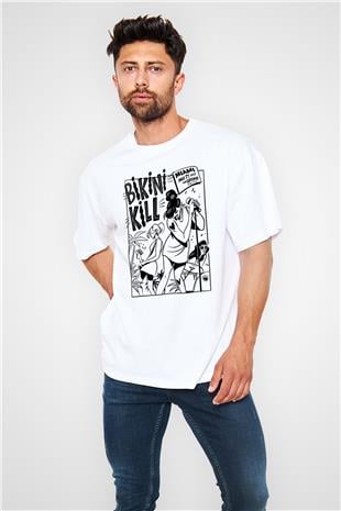 Bikini Kill Baskılı Beyaz Unisex Oversize Tişört - Tshirt