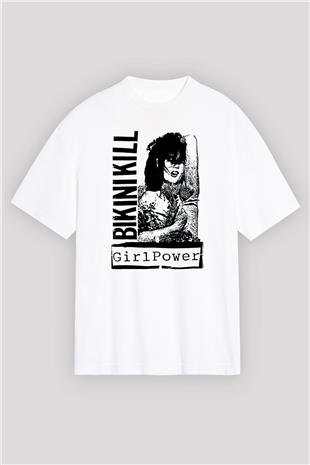 Bikini Kill Baskılı Beyaz Unisex Oversize Tişört - Tshirt