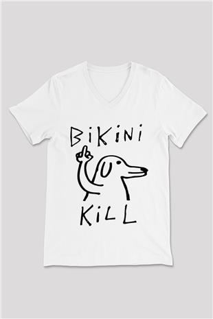 Bikini Kill Baskılı Beyaz Unisex V Yaka Tişört - Tshirt