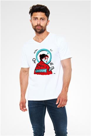 Bikini Kill Baskılı Beyaz Unisex V Yaka Tişört - Tshirt