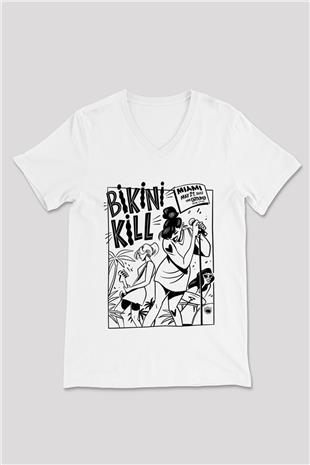 Bikini Kill Baskılı Beyaz Unisex V Yaka Tişört - Tshirt