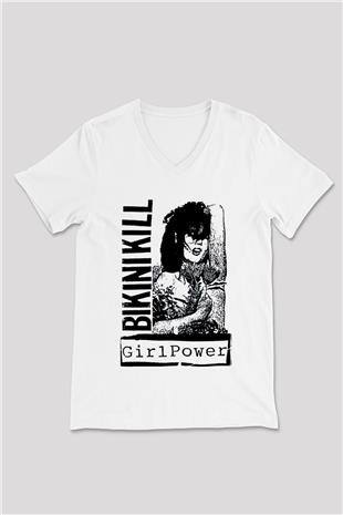 Bikini Kill Baskılı Beyaz Unisex V Yaka Tişört - Tshirt