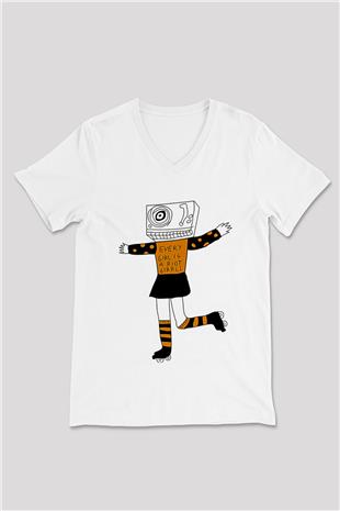Bikini Kill Baskılı Beyaz Unisex V Yaka Tişört - Tshirt