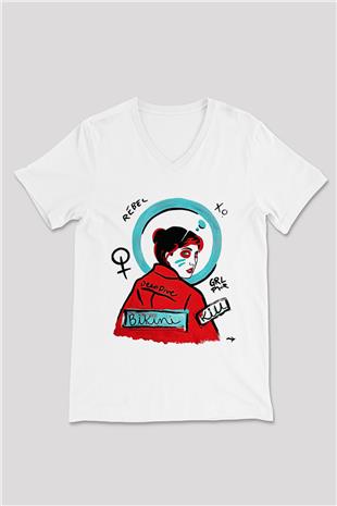 Bikini Kill Baskılı Beyaz Unisex V Yaka Tişört - Tshirt