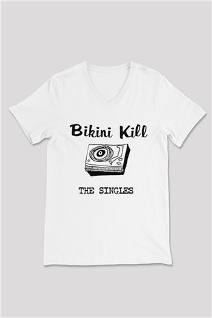 Bikini Kill Baskılı Beyaz Unisex V Yaka Tişört - Tshirt