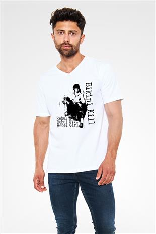 Bikini Kill Baskılı Beyaz Unisex V Yaka Tişört - Tshirt