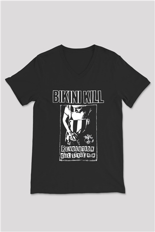 Bikini Kill Baskılı Unisex Siyah V Yaka Tişört - Tshirt