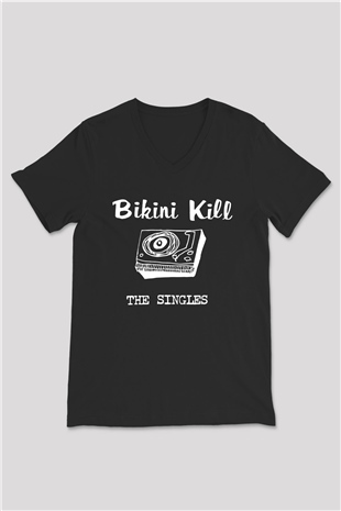 Bikini Kill Baskılı Unisex Siyah V Yaka Tişört - Tshirt