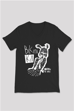 Bikini Kill Baskılı Unisex Siyah V Yaka Tişört - Tshirt
