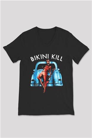 Bikini Kill Baskılı Unisex Siyah V Yaka Tişört - Tshirt