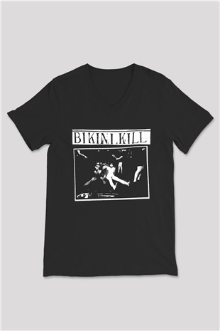 Bikini Kill Baskılı Unisex Siyah V Yaka Tişört - Tshirt