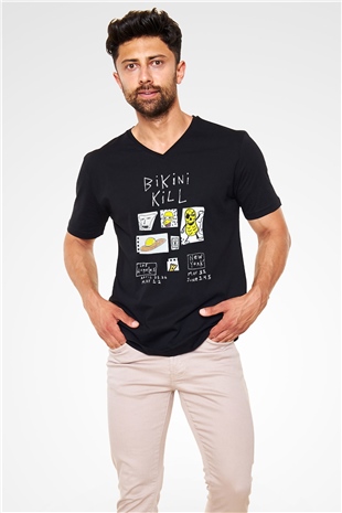 Bikini Kill Baskılı Unisex Siyah V Yaka Tişört - Tshirt