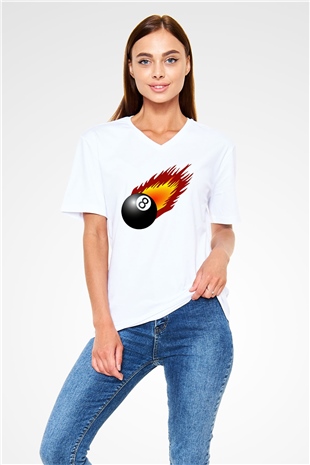 Bilardo Beyaz Unisex V Yaka Tişört