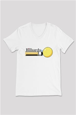 Bilardo Beyaz Unisex V Yaka Tişört T-Shirt