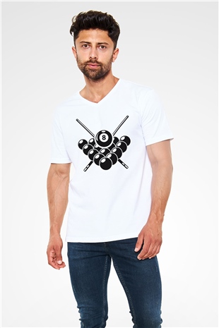 Bilardo Beyaz Unisex V Yaka Tişört T-Shirt