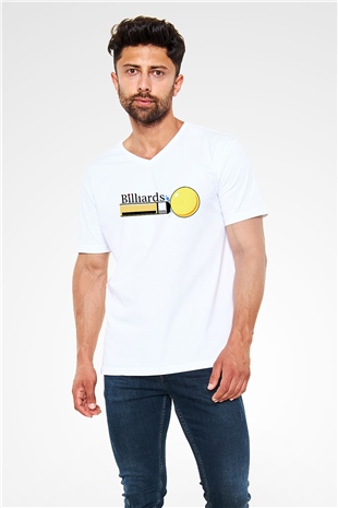 Bilardo Beyaz Unisex V Yaka Tişört T-Shirt