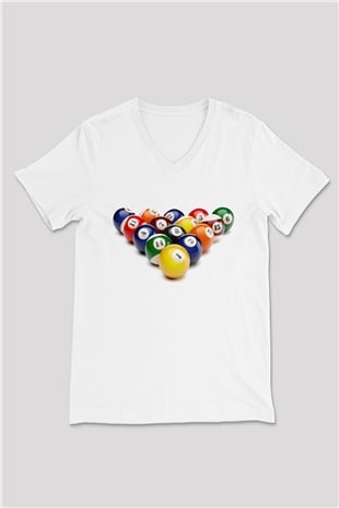 Bilardo Beyaz Unisex V Yaka Tişört T-Shirt