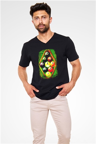 Bilardo Siyah Unisex V Yaka Tişört T-Shirt