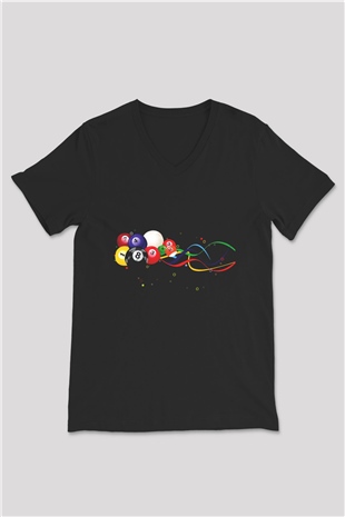 Bilardo Siyah Unisex V Yaka Tişört T-Shirt